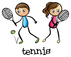 Illustration of a girl and a boy playing tennis on a white backg